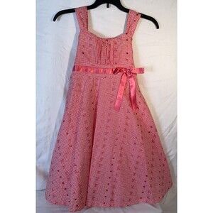 NEW Bonnie Jean Girls sweetheart "CORAL EYELET GINGHAM CHECK" Satin Bow Dress